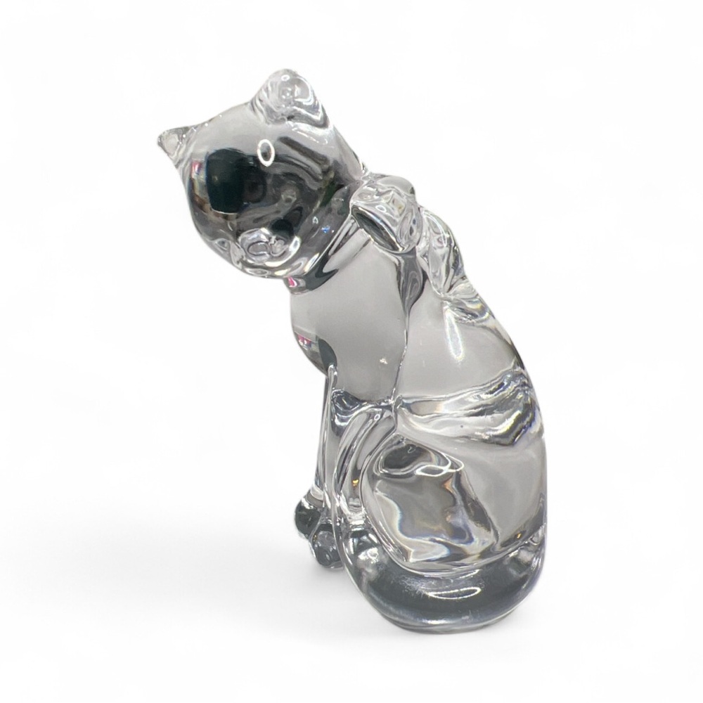Vintage Bohemia Czech Lead Crystal Clear Kitty Cat Figurine w/ Bow Collar